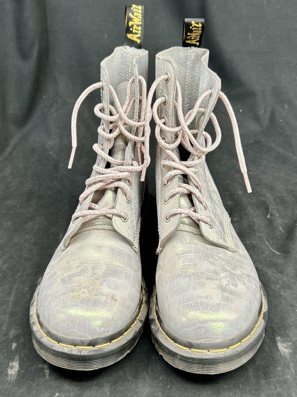 Leather Dr. Martens Iridescent Croc-Embossed Lace-Up Boots - pearlescent